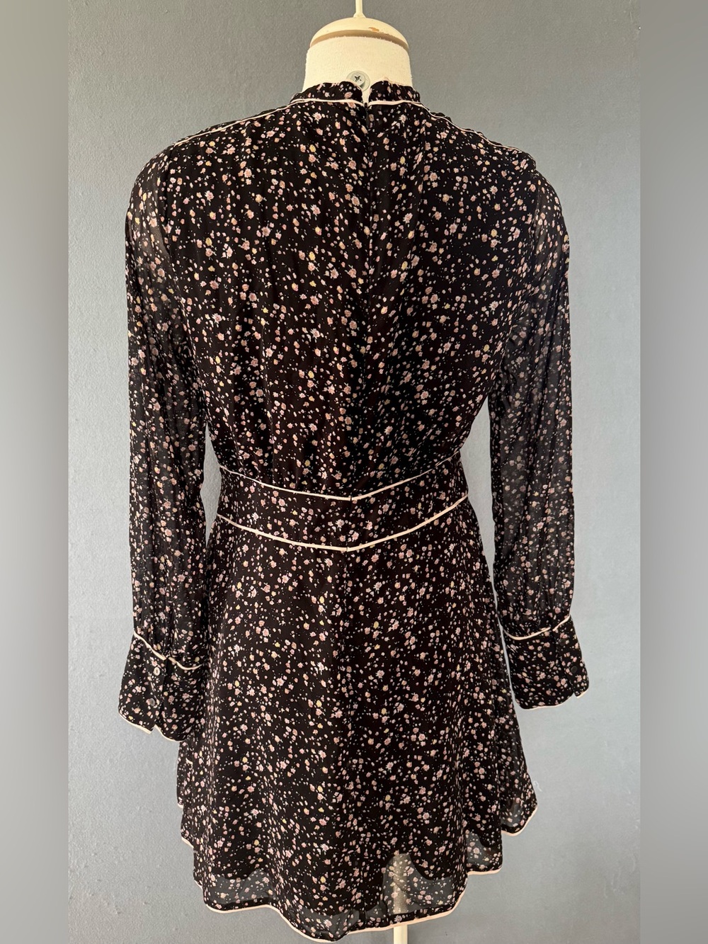 AllSaints Kay Pepper Dress US 10 Black Floral Long Sleeve Mini Sheer Ruffle Hem - Picture 4 of 8